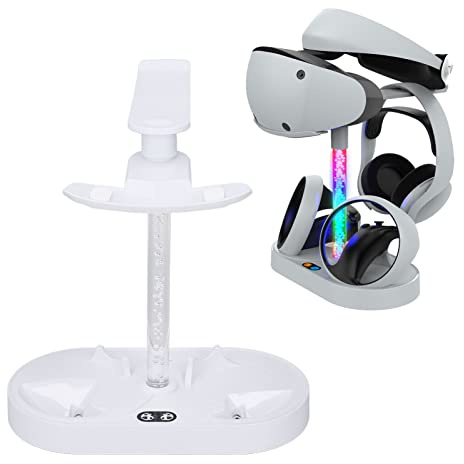 Base de Carga Magnética para VR2 Vontroller y para Consola Estación de Carga Rápida USB RGB con Soporte para Auriculares, Soporte de Carga PS VR2 Sense con 4 Ventosas