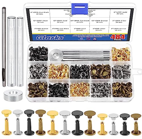 Glarks Set di 240 rivetti per pelle con kit di 4 strumenti di regolazione, 4 colori e 3 misure, rivetti a doppia testa tubolari in metallo, rivetti per borse, abbigliamento, scarpe, artigianato in