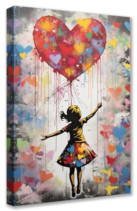 Tucocoo Modern Wall Art Little Girl Banksy Street Pop Art Painting 1 Panel Canvas Modern Art Artwork Colorful Love Home Decor for Living Room Wooden Frame Ready to Hang 40x60cm