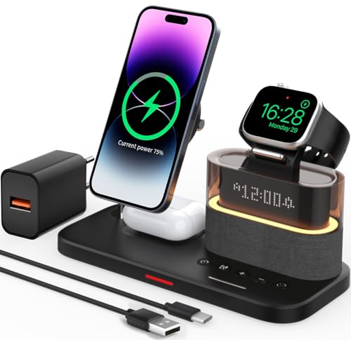 QUVFHE 5 in 1 kabelloses Ladegerät mit Wecker für Apple, Magnetischer kabelloser Ladeständer für iPhone Air/1716/15/14/13/12, iWatch11/10/9/Ultra 3/2/8/7/6/5/SE/SE3/2, Air-Pods 4/3/Pro 3/2/Pro/2