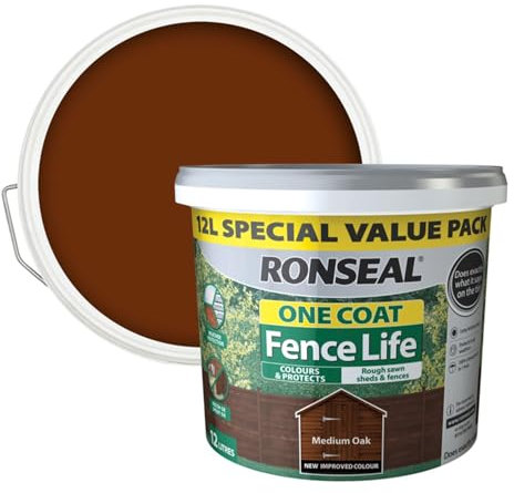 SAVING HUB One Coat Fence Life Paint - Garden Shed & Fence Paint - for Rough Wood - Trellis, Sheds & Wooden Structures - Showerproof in 1 Hour (Medium Oak, 12 Liter)
