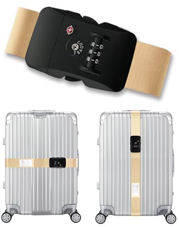 Veki Luggage Straps with TSA Approved Lock, Suitcase Strap, 1pc Khaki | Adjustable 1-2m Suitcase Belt, Personalised Case Straps with Luggage Identifier, Lockable Travel Strap, Travel Accessories
