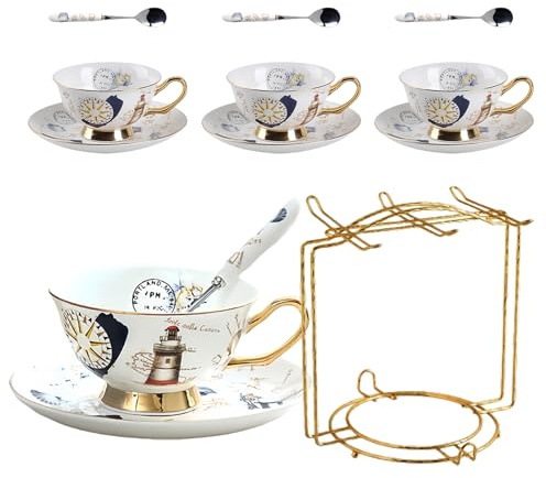 HSTWODE-8 Stück Europäischen Blumen Tee Set,Bone China Tee Set Service Kaffee Set, 9 Optionen.Mit Geschenkbox, für hochwertige Geschenke und Haushalt, Hochzeit. (Nautisches Alter-Muster)