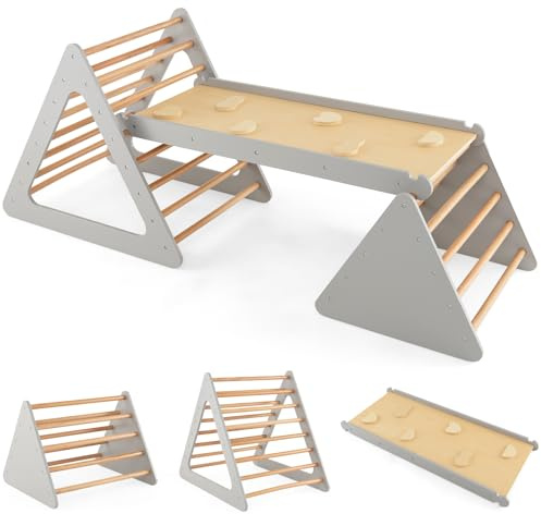 HOMASIS 3 in 1 Kletterdreieck mit Rutsche für Kinder, Kletterwand aus Holz, multifunktionale Rampe, Kletterspielzeug für Kinder (Grau)