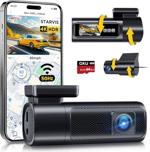GKU 4K+2.5K Dashcam Auto Vorne Hinten mit 5GHz WiFi, Dash Cam mit 64G SD-Karte, STARVIS Nachtsicht, 1,5 IPS-Bildschirm, GPS Auto Kamera, 24H Parküberwachung, 360° Drehbar. Max 512GB