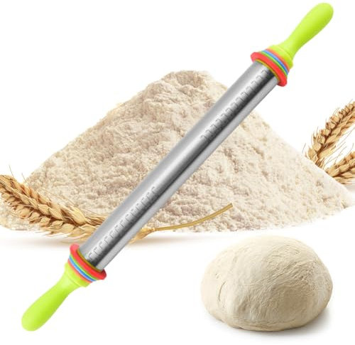 Gohytal Edelstahl Nudelholz, Einstellbares Edelstahl Teigroller mit Griff, Antihaft Nudelhölzer Fondant Teigrolle mit Abnehmbare Ringe, Backzubehör Rolling Pin für Pizza, Cookie, Gebäck Teig, 35cm