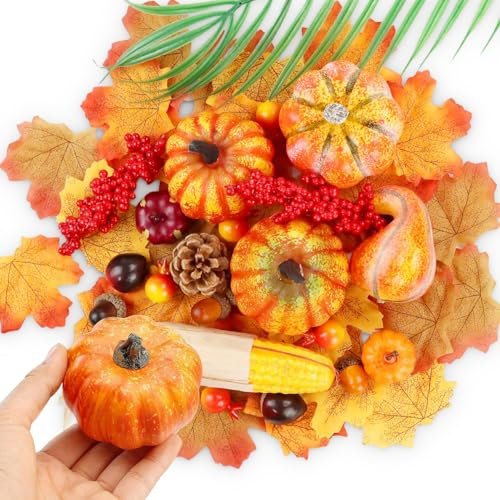 NHYDZSZ Simulationskürbis, Kürbis Herbst Deko, Künstliche Kürbisse Tannenzapfen, Mini Gefälschter Kürbis Eicheln Set, Realistic Künstlich Frucht Herbstdeko Dekoration für Halloween Thanksgiving (B)