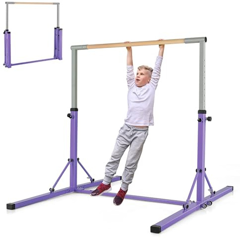KOMFOTTEU Barra de Gimnasia para Niños, Barra Horizontal con Altura Ajustable de 13 Niveles, Barra de Entrenamiento de Metal y Madera, Equipo de Gimnasia con Carga de 100 kg (Violeta)