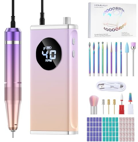 HOMEASY Electric Nail Drill, 40000RPM Professional E-Filer Rechargeable with 15 Drill Bits, Portable Nail File Electric Nail Filer for Acrylic Nails Gel Polishing Removing for Salon Home (Purple)