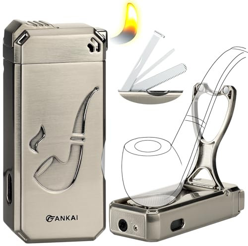 Rohrfeuerzeug mit Rohrhalter, 3-in-1-Reinigungswerkzeuge, nachfüllbares Butan-Feuerzeug mit abgewinkelter weicher Flamme, Pfeifenfeuerzeuge (Butan nicht im Lieferumfang enthalten) (Silber)