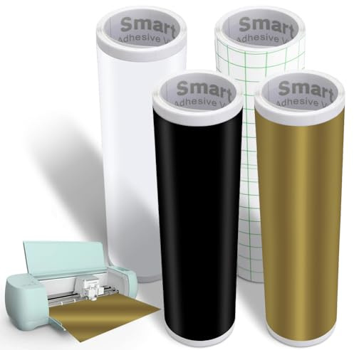 4 Rollen Smart Vinyl Permanent für Cricut Explore 3/Maker 3, 33x100cm | Smart Adhesive Vinyl Permanent Schwarz+Weiß+Gold+Transferfolie Vinyl Plotterfolie Selbstklebend für DIY Tassen, Auto, Banner