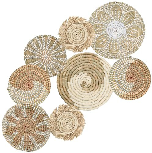 DETENE Set di 8 cestini da parete in tessuto boho, decorazione piatta, cestino da parete, decorazione da parete, decorazione da parete, per arte, soggiorno, fattoria, asilo (beige)