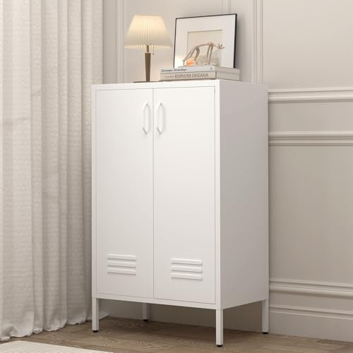 GREATMEET Aufbewahrungsschrank aus Metall, 2-türiger Metallschrank, weißer Akzentschrank mit Regalen, Sideboard-Schrank für Wohnzimmer, Eingangsbereich