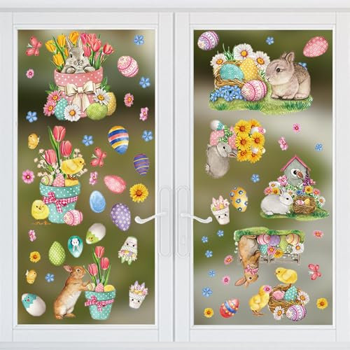 ARTGUTS 9pcs Fensterbilder Ostern Selbstklebend, mit Hasen Ostereier Küken Muster, Wiederverwendbare Fenstersticker, Fensteraufkleber Frühlingsdeko Fensterdeko Frühling Kinderzimmer