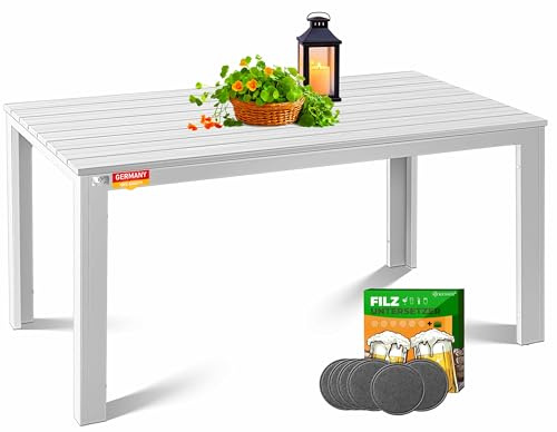 KESSER® Mesa de jardín de 156 x 78 cm para hasta 6 personas, resistente a la intemperie y a los rayos UV, mesa de exterior con estructura de acero pulverizado y tablero de plástico en imitación de