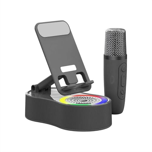 Haut-parleur Bluetooth sans fil par induction 5-en-1 avec batterie externe de 3000mAh et microphone, support téléphone rotatif à 360°, portable pliable pour iPhone, Android, tablette (Noir 1