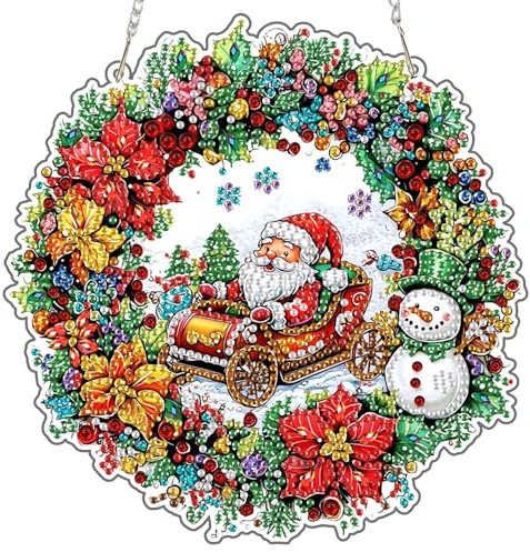 MAXBYE Diamond Painting Pendentif le Père Noël, Diamond Painting Hanging Images de Fenêtre avec Chaîne, Broderie Diamant Pendentif pour Adulte Diamant Couronne Porte et Fenêtre Décoration 20x20 cm