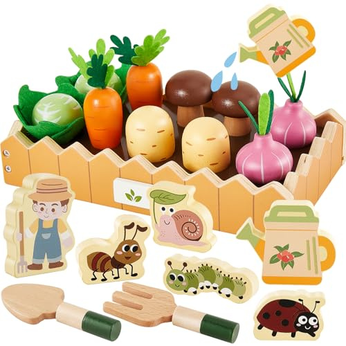 HERSITY Carrot Harvest Game Wooden Toy Food Set Montessori Vegetable Garden Veggie Farm Sorting Set Pretend Gardening Planting Toys Age 3 4 5 Toddlers Boys Girls Gifts Learning, Brown