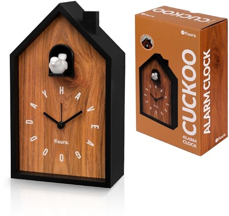 Fisura – Despertador Cuco casita “Madera”. Despertador analógico Original con Agujas. Botón de Snooze y luz. Regalo Original. 3 Pilas AA (no Incluidas)