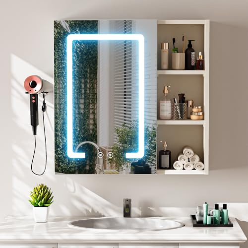 Saitedudu Badezimmer Spiegelschrank mit Beleuchtung,LED-Badezimmerschrank mit 3 einstellbaren Lichtfarben | Touch-Schalter | Beschlagschutz | Föhnhalterung