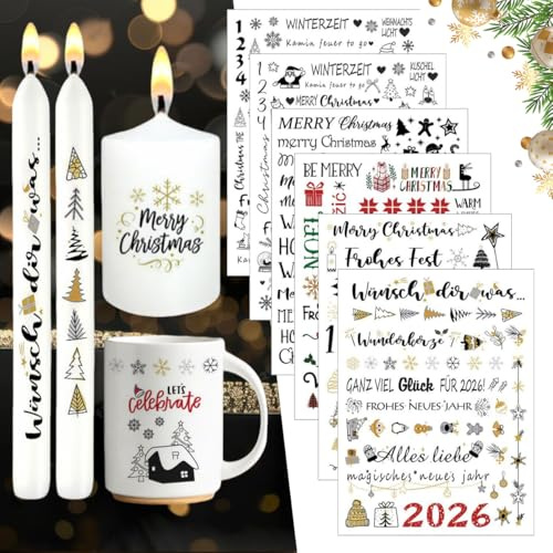 6 PCS Kerzentattoos Weihnachten, Kerzen Tattoo Wasserschiebefolie Aufkleber, Kerzentattoos Advent Sprüche Frohe Weihnachten für Adventskerzen DIY Dekorieren