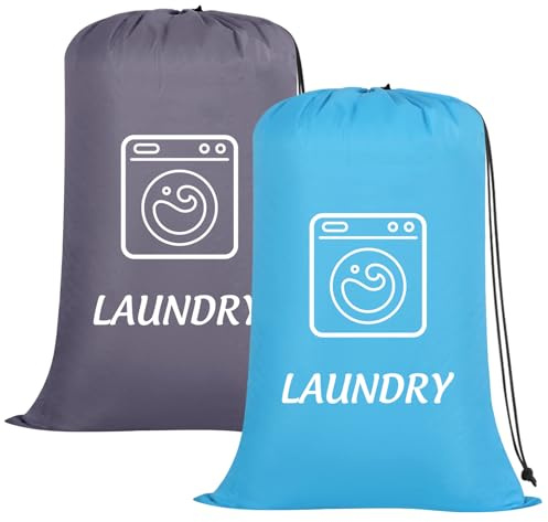 Dntorx 2 Pack Large Travel Laundry Bags, 24 x 36 Heavy Duty Dirty Clothes Bags with Drawstring Machine Washable Reusable, Easy Fit a Laundry Basket or Hamper for Home, Travel, Camping (Blue + Grey)