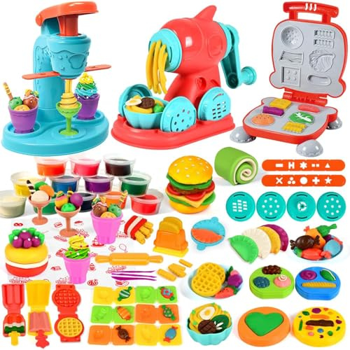 Clayo All-in-one Deluxe Kids Play Dough Kitchen Creations Set – Ice Cream, Noodle & Burger Maker | 40+ Piece Modelling Clay Food Play Kit | Non-Toxic, Multicolor Dough Toys