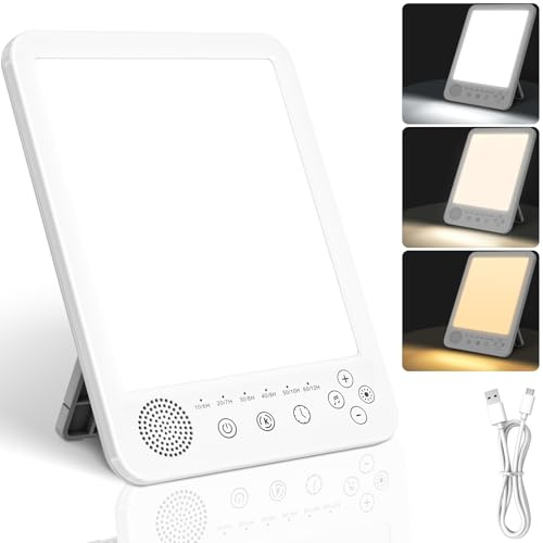 LUCKYKODOR Tageslichtlampe 10000 Lux lichttherapielampe mit 13 Weißes Rauschen, 3 Farbtemperaturen, 5 Helligkeitsstufen und 6 Timer, Simulation von Tageslicht, Touch-Control, Memory-Funktion, UV-Frei