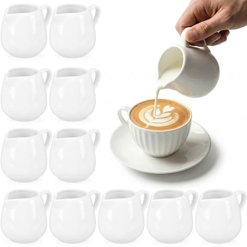 Cnwinu 12 PCS Small Milk Jug,110ML White Cream Jug with Handle,Mini Ceramic Milk Pot Coffee Milk Jug,Gravy Jugs Creamer Pitcher for Serving Milk Coffee Tea Sauce Gravy Syrup