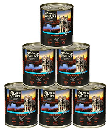 Dehner Wild Nature Hundefutter Hochmoor, Nassfutter getreidefrei / zuckerfrei, für Welpen und junge Hunde, Gefügel / Ente, 6 x 400 g Dose (2.4 kg)