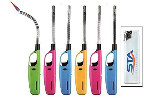 Vanorell 6 x Sturm Stabfeuerzeug Flexi 28,5 cm – Nachfüllbares BBQ Sturmfeuerzeug für Grill, Kamin, Kerzen, Camping & Küche + 1 Gratis Feuerzeug