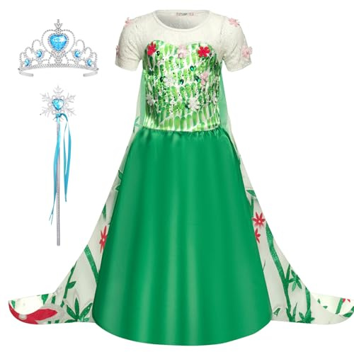 Monissy Mädchen Prinzessin Kostüm Kinder Elsa Kleid Eiskönigin Kostüm Kinder Verkleidung Königin Cosplay Party Karneval Weihnachten Geburtstag Geschenk Eisprinzessin Blumen Kleid Grün mit Umhang