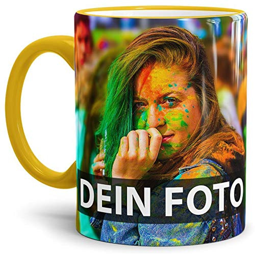 Tasse selbst individuell gestalten/Personalisierbar mit eigenem Foto bedrucken/Fototasse/Motivtasse/Werbetasse/Firmentasse mit Logo/Rand & Henkel Gelb - XXL Druck