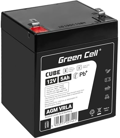 Green Cell® AGM 12V 5Ah Akku Vlies Batterie VRLA Blei Batterie Bleiakku Ersatzakku Akkubatterie Versorgungsbatterie Zyklenfest Wartungsfrei für Elektro Spielzeug Alarm Notstrom Echosonden CCTV
