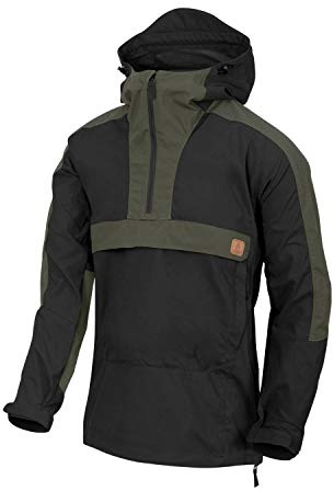 Helikon-Tex Taktische Feldjacke Anorak Woodsman - Bushcraft, Outdoor - mit Kapuze, viele Taschen - Winddichte Outdoorjacke - Schwarz/Taiga Grün - Größe M