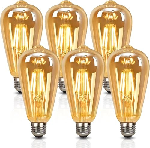 Edison LED Bulb E27, Vintage Light Bulb, 4W Filament Bulb, Antique Style Retro Amber Glass Screw Lamp, ST64 2200K 430LM - 6 Pack