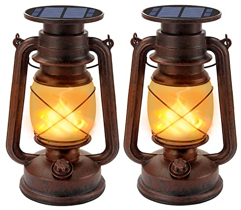 Fortand Lanterne Solaire Vintage, 2 Pièces Extérieure Rétro Effet Flamme Dimmable Etanche Tempete Lampe Jardin pour Exterieur