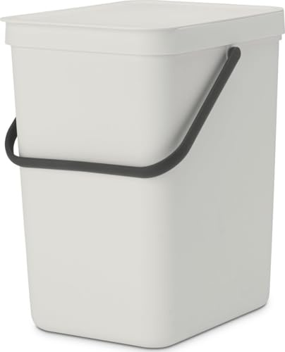 Brabantia Sort & Go Abfalleimer mit Deckel 25 L (hellgrau), platzsparender Pfandsammler mit Griff, abnehmbarer, feststellbarer Deckel, leicht zu reinigender großer Mülleimer ohne Ecken und Ränder