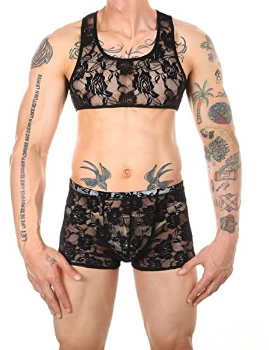 Bikini Sexy Herren Unterwäsche Mann Spitze Weste Sexy Brustgeschirr Boxershorts Set Shorts Dessous Bühnenkostüm Exotische Tanks, Schwarz , M