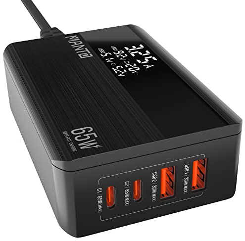 MANTO Chargeur GaN USB C 65W avec Écran LED Intelligent, Chargeur Rapide Compact à 4 Ports (2 USB-C PD + 2 USB-A QC 3.0) pour MacBook, iPhone, Samsung, iPad, Ordinateurs Portables