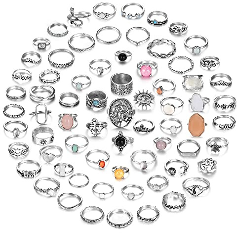 JeryWe Set di 70 anelli vintage in argento con cristalli, per nocche da donna, anelli impilabili in stile bohémien, stile retrò, bohémien, impilabili, Cristallo, Turchese