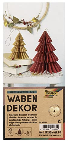 folia 49213 - Wabendekor Berry XMAS Trees, Weihnachtsanhänger 2er Set, Höhe ca. 20 und 13 cm, faltbare Weihnachtsdeko für innen, Rot / Beige