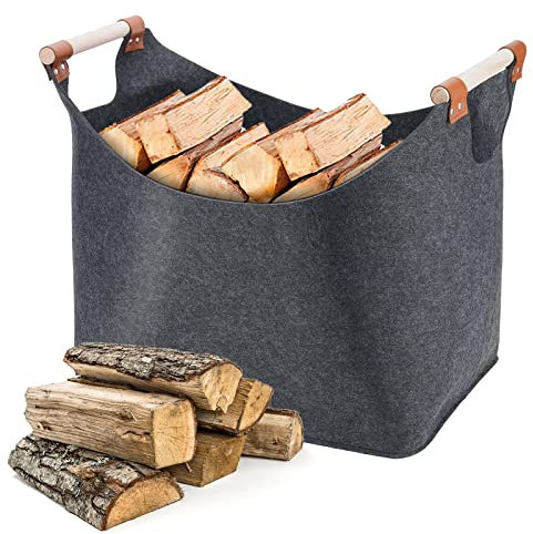 Felt Firewood Basket with Wooden Handles, Coikes 45x32x40 cm Foldable Firewood Bag Indoor Outdoor Fireplace Wood Bag Log Holder Multi-Use Felt Bags for Wood, Newspaper, Magazine, Toy, Clothes (Grey)