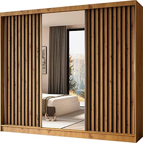 WFL GROUP Moderner Kleiderschrank Schwebetürenschrank mit Spiegel und Holzlamellen 120 150 160 180 240 cm - Kleiderschrank für Schlafzimmer mit Schwebetüren - Kleiderstange