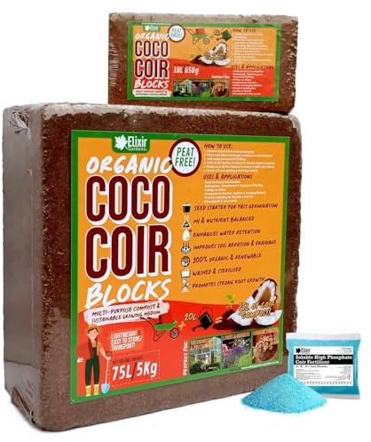 Elixir Gardens 10 Litre Plus Fertiliser x 1 Organic Coco Coir Compost Blocks/Bricks Peat-Free Pre-Washed Compressed | Natural Peat-Free Growing Medium/Potting Soil & Reptile Vivarium Bedding