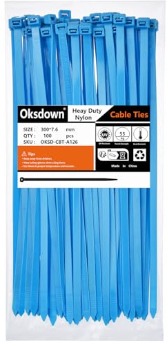 Oksdown 100 Pack Blue Thick Cable Ties Heavy Duty Large 300mm×7.6mm Strong Nylon Plastic Self Locking 12 inch/30 cm Extra Long Zip Tie Wraps