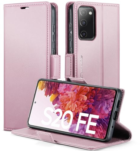 XYGLOW Handyhülle für Samsung Galaxy S20 FE Hülle Premium Leder Klappbar Kartenfach Magnet Standfunktion RFID Schutzhülle für Samsung S20 FE 4G/5G Flip Case Wallet Klapphülle Lederhülle Rosa Gold 6,5