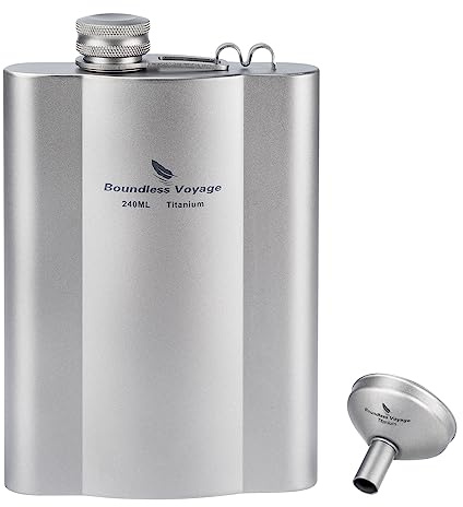 iBasingo Flachmänner aus Titan 240ml Ultraleichter kleiner Flachmann für Spirituosen Tragbare Reise Whiskey Wodka Weinflasche für Draußen Taschentrinkgefäß mit Trichter Ti3073D | Mit Mini-Trichter, auslaufsichere tragbare Likörflasche für Camping, Wandern, Reisen, Backapcking