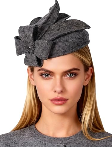 HIMESPORT Wolle Filz Blume Elegante Fedora Hüte Frauen Fascinatoren Hochzeit Hut Pillbox Hüte Formale Kirche Derby Kleid Fedoras, Grau, Medium