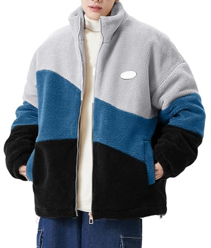 Fleecejacke Herren Patchwork Oberbekleidung Teddy Fleece Mit Stehkragen Mit Reißverschluss Outdoor Fashion Jacke Flauschige Original Warme Plüschjacke Winterjacke Dicke Kleidung Thermo Sweatjacke